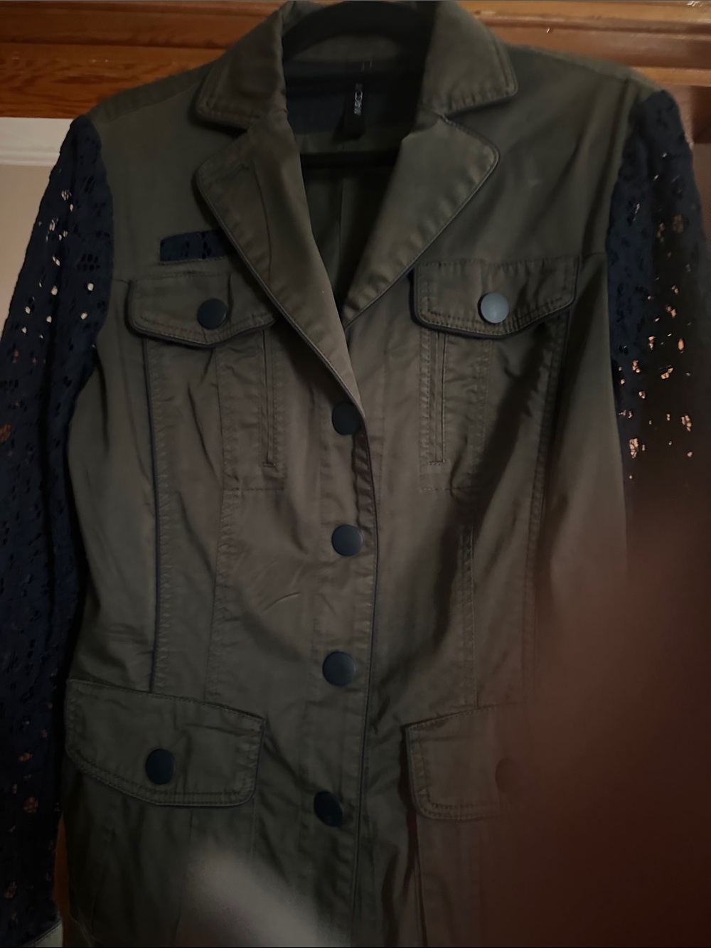 Marc Cain Olive Green Utility Jacket with Navy Lace Sleeves